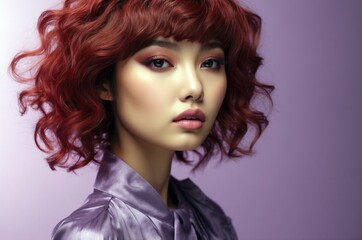 Fototapeta premium Beautiful confident photo model showcases vibrant makeup against a pastel color background in a studio setting, people and skincare, fashion theme concept. 
