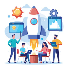 
The business team improves marketing strategy. Increase market share. Startup Team Launching a Rocket to Success vector illustration. 