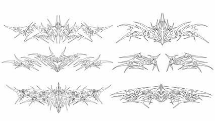 Obraz premium Set of neo tribal symmetrical sigilism Pattern Cyber ​​Gothic tattoo Elements in Abstract White black vector design