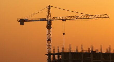 Tower crane silhouette against a fiery orange sky during urban development