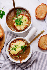 Traditional French Onion Soup with Cheese Croutons.top veiw