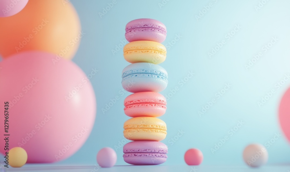 Poster bright and colorful macarons stacked neatly on a pastel blue surface illuminated by diffused natural
