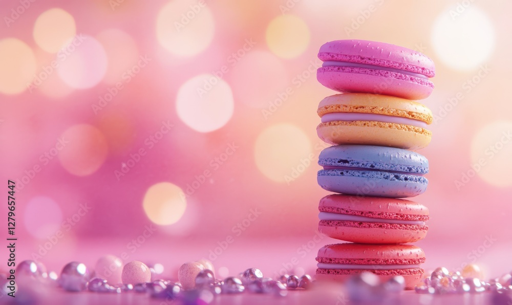 Poster bright and colorful macarons stacked in a playful arrangement on a pastel pink surface illuminated b