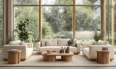 Contemporary living room with beige furniture, wooden accents, and large windows offering a panoramic garden view.