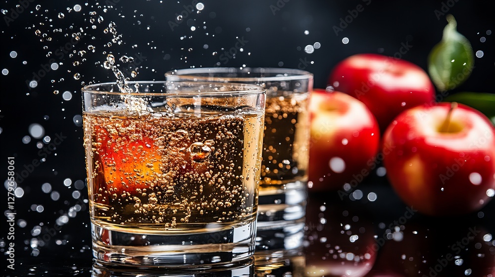 Poster refreshing sparkling apple cider in glasses with fresh apples. bubbles and splashes add to the vibra