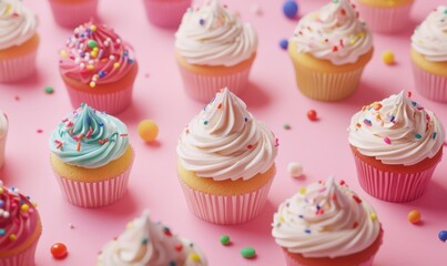 Festive cupcakes with colorful frosting and sprinkles, arranged on a pastel pink background to evoke a fun and celebratory atmosphere