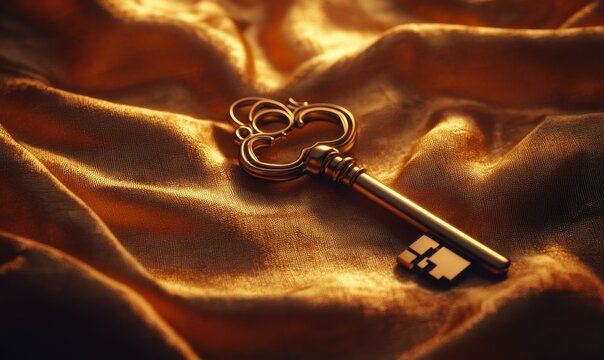 Elegant bronze key resting on rich textured fabric, glowing under warm light to evoke mystery and timeless sophistication