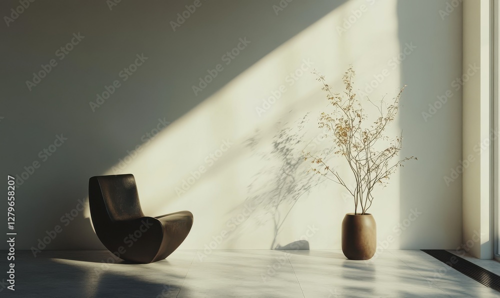Poster clean minimalist room with stark white walls and soft shadows from window light, modern design highl