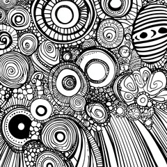 Intricate hand-drawn mandala pattern, abstract geometric doodles, flowing lines and circles, black ink on white paper, spontaneous sketching style, zen meditation inspired