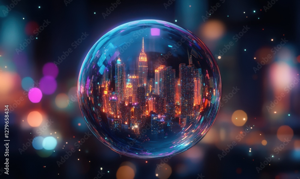 Poster close-up of a bubble containing a miniature glowing cityscape floating in a dark space. vibrant colo