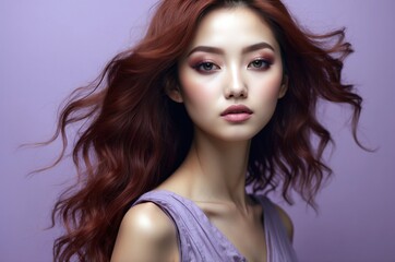 Naklejka premium Beautiful confident photo model showcases vibrant makeup against a pastel color background in a studio setting, people and skincare, fashion theme concept. 
