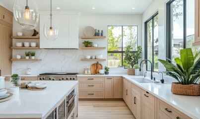 Fototapeta premium Bright kitchen with white countertops, light wooden cabinetry, and soft natural light creating a fresh and inviting cooking space