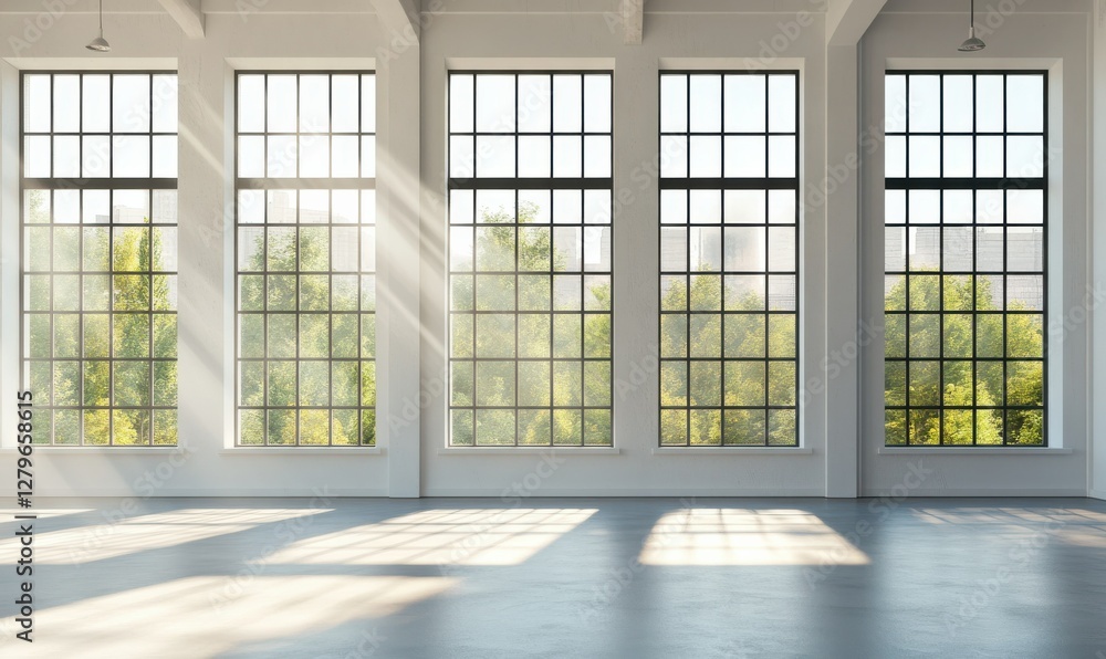 Aufkleber bright minimalist space with sunlight streaming through geometric windows, creating sharp contrasts 