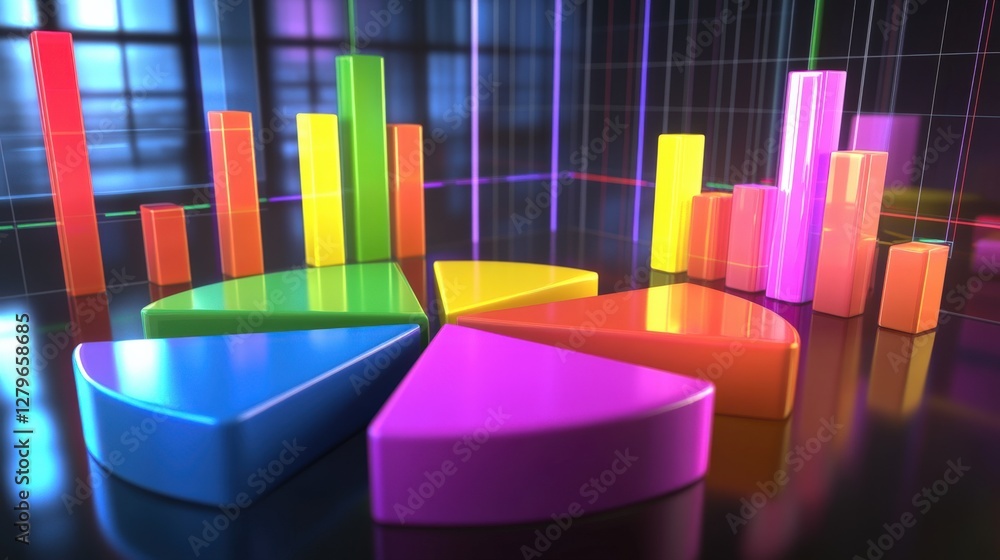 Aufkleber colorful 3d pie and bar charts representing data analysis in a modern office setting