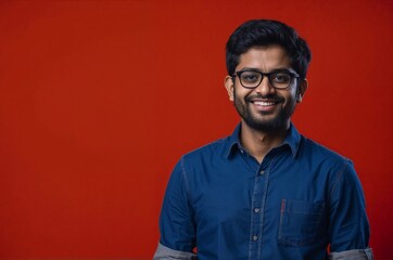 Fototapeta premium Confident young professional with glasses smiling against a bold red background. Perfect for business and personal branding.