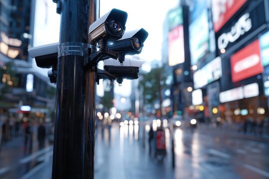 This image features multiple surveillance cameras mounted on a pole, set against a vibrant city backdrop illuminated by bright billboards and traffic at dusk.