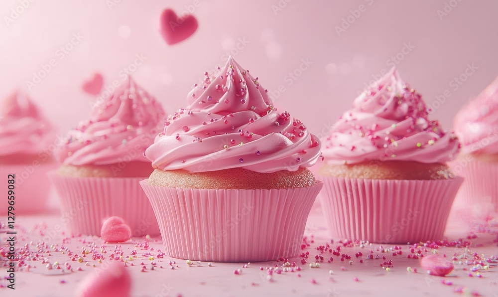 Poster bright pink cupcakes topped with intricate frosting and sprinkles placed on a pastel background illu