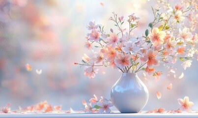 Bright pastel blossoms arranged in a minimalist ceramic vase, soft natural light enhancing their delicate beauty and charm