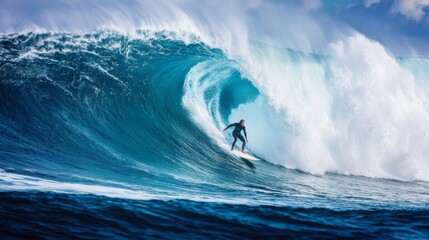 Surfer riding massive wave, dramatic ocean scene, powerful surf, extreme sport, coastal landscape