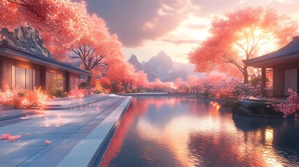 Futuristic Oasis Digitally Enhanced Sculptures Harmonize with Vibrant Foliage in Tranquil City Park