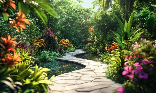 Peaceful tropical garden with lush greenery, colorful flowers, and a stone pathway leading to a tranquil pon