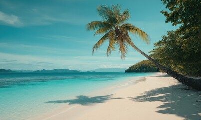 picturesque tropical beach with crystal-clear turquoise waters, soft white sand, and a lone palm tree leaning gracefully towards the ocean, peaceful and inviting
