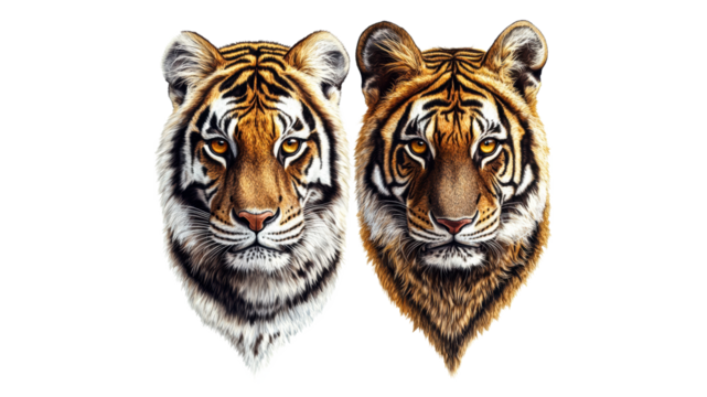 Two detailed, majestic tiger heads