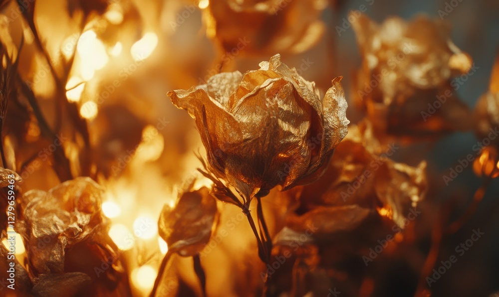 Poster close-up of dried golden flowers illuminated by soft warm light, creating a rustic and elegant botan