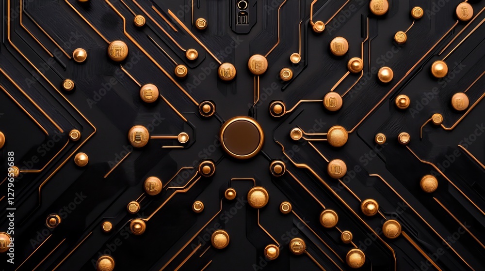 Poster abstract close-up of a circuit board with copper-colored lines and components on a black background.