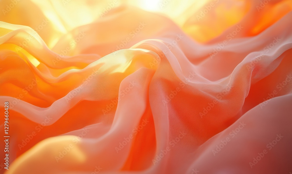Poster close-up of soft orange silk fabric with intricate flowing folds, glowing warmly under diffused ligh