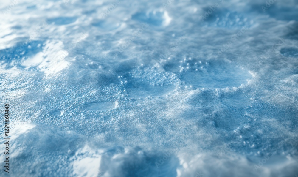 Poster close-up of soft water droplets on a textured blue surface, illuminated by diffused light creating a
