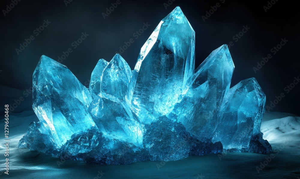 Poster close-up of translucent aqua ice crystals with intricate textures, illuminated by diffused light for