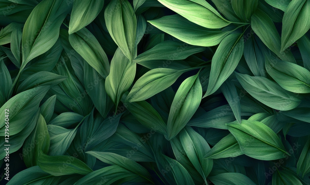 Poster close-up of soft tropical green leaves with delicate veins illuminated by diffused natural sunlight,