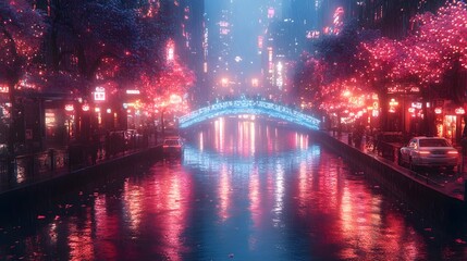 Futuristic Nighttime River City with Holographic Bridges and Dramatic Lighting