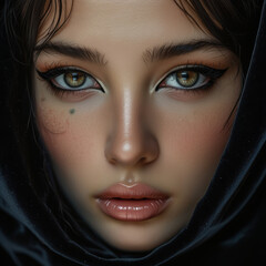 Stunning close-up portrait of beautiful woman girl face, snake eyes, black velvet fabric, model fashion photo, makeup cosmetic advertisement template, soft glowing skin, face covered with black silk