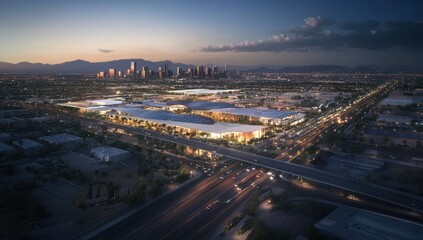 Fototapeta premium Aerial view of the Phoenix skyline at night, with dark blue skies and a few clouds The city is lit up by street lights and building windows Generative AI