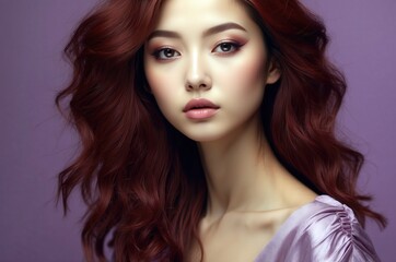 Naklejka premium Beautiful confident photo model showcases vibrant makeup against a pastel color background in a studio setting, people and skincare, fashion theme concept. 