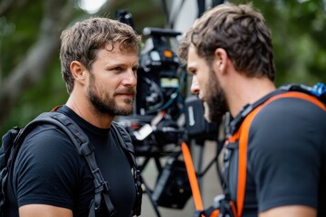 Two serious men, equipped with outdoor gear, are preparing for a challenging mission, their expressions reflecting intensity, focus, and the camaraderie shared in their profession.