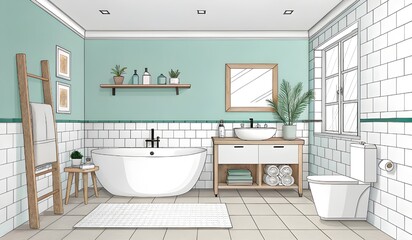 A cartoon-style illustration of a bathroom.  The room is a light, pastel blue with white tiled walls. A white bathtub, toilet, and sink are centrally located. White cabinets and fixtures are featured 