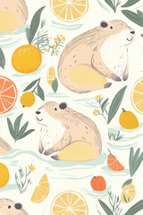 A vibrant, hand drawn pattern featuring playful capybaras lounging in a warm hot spring, surrounded by floating citrus fruits. The cozy atmosphere and soft pastel tones make this an ideal design for