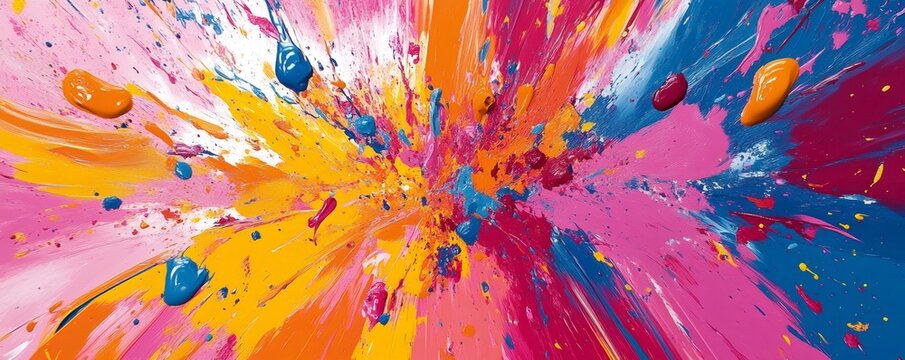 Vibrant spin art painting exploding with colorful splashes of pink, orange, blue, and white paint