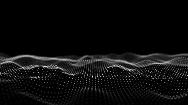 Black wave with motion dots and lines. Abstract digital background. Concept connection big data. Futuristic technology backdrop. 3D Technology illustration. Digital dynamic wave particles. Looping