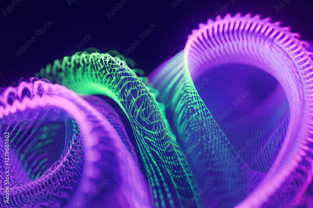 Poster a mesmerizing fractal pattern resembling endless spirals, glowing in neon green and purple, creating