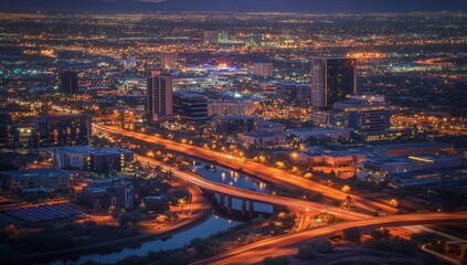 Naklejka premium Aerial view of Phoenix, Arizona with the Papago Park and modern office buildings lit up at night The cityscape stretches across an urban landscape featuring highway overpass sculptures Generative AI