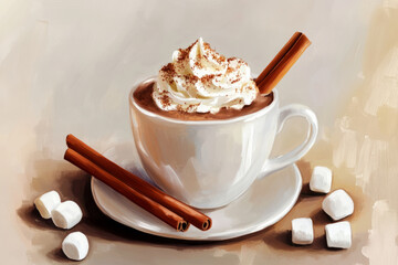 A charming digital painting of a cup of hot chocolate with whipped cream, cinnamon sticks, and tiny marshmallows, creating a cozy and inviting mood.