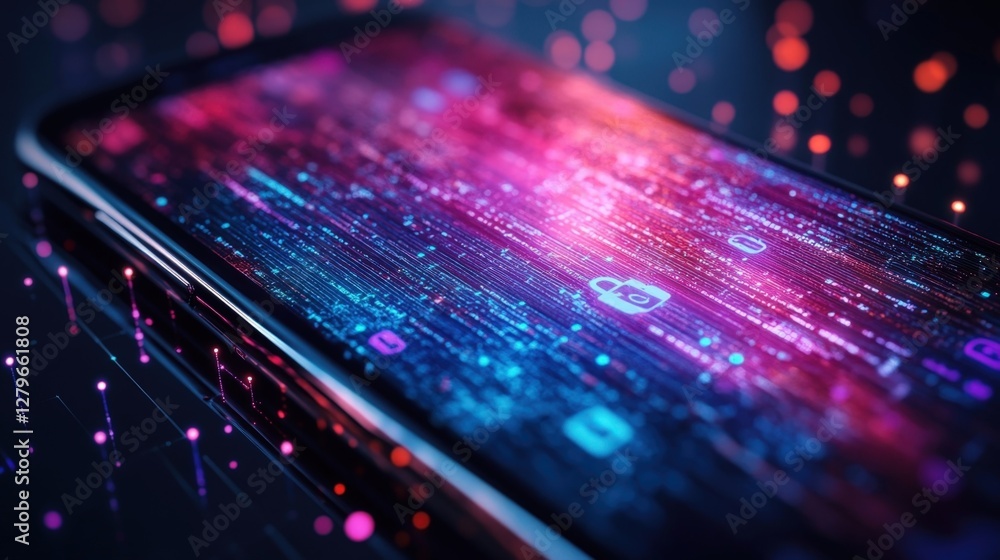 Poster futuristic smartphone is securing data flow with glowing padlock icon, representing mobile cyber sec