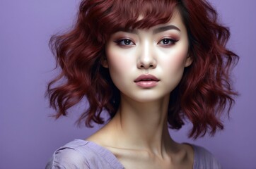 Fototapeta premium Beautiful confident photo model showcases vibrant makeup against a pastel color background in a studio setting, people and skincare, fashion theme concept. 