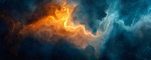 Nebula clouds swirling in vibrant hues of gold and blue create a stunning cosmic landscape