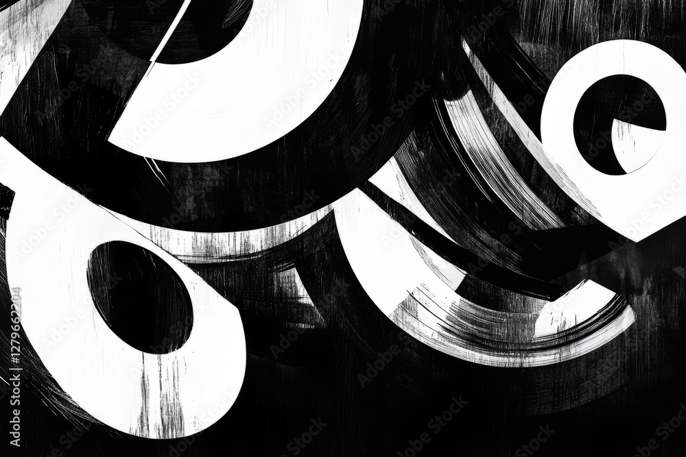 Poster a striking black and white abstract composition of bold, overlapping circular shapes and dynamic lin