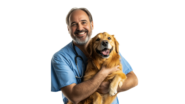 Veterinarian joyfully holds golden retriever dog